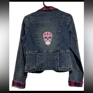 NWOT Y2K Traffic Soda Cropped Denim Blazer With Plaid Accent & Embroidered Back